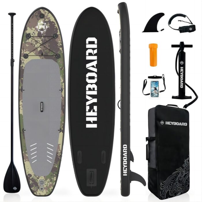 HEYBOARD Premium Aufblasbares SUP Board, 320x81x15 cm, 200 kg, Langlebiges Stand Up Paddle Board für 2 Personen, mit Rucksack, Verstellbarem Paddel, Handpumpe, Leine, Abnehmbarer Flosse