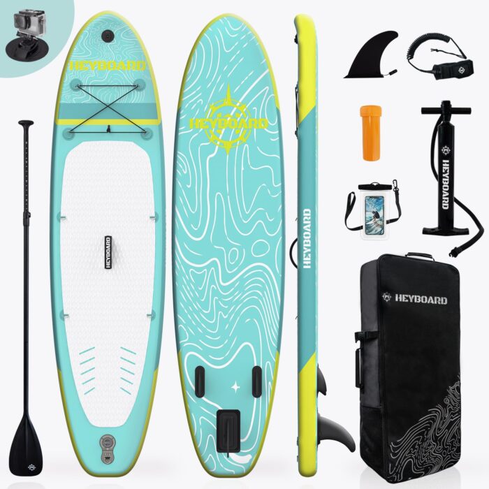 HEYBOARD Premium Aufblasbares SUP Board, 320x81x15 cm, 200 kg, Langlebiges Stand Up Paddle Board für 2 Personen, mit Rucksack, Verstellbarem Paddel, Handpumpe, Leine, Abnehmbarer Flosse