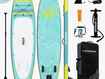 HEYBOARD Premium Aufblasbares SUP Board, 320x81x15 cm, 200 kg, Langlebiges Stand Up Paddle Board für 2 Personen, mit Rucksack, Verstellbarem Paddel, Handpumpe, Leine, Abnehmbarer Flosse