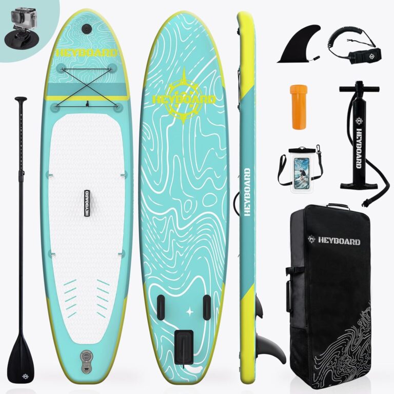 HEYBOARD Premium Aufblasbares SUP Board, 320x81x15 cm, 200 kg, Langlebiges Stand Up Paddle Board für 2 Personen, mit Rucksack, Verstellbarem Paddel, Handpumpe, Leine, Abnehmbarer Flosse