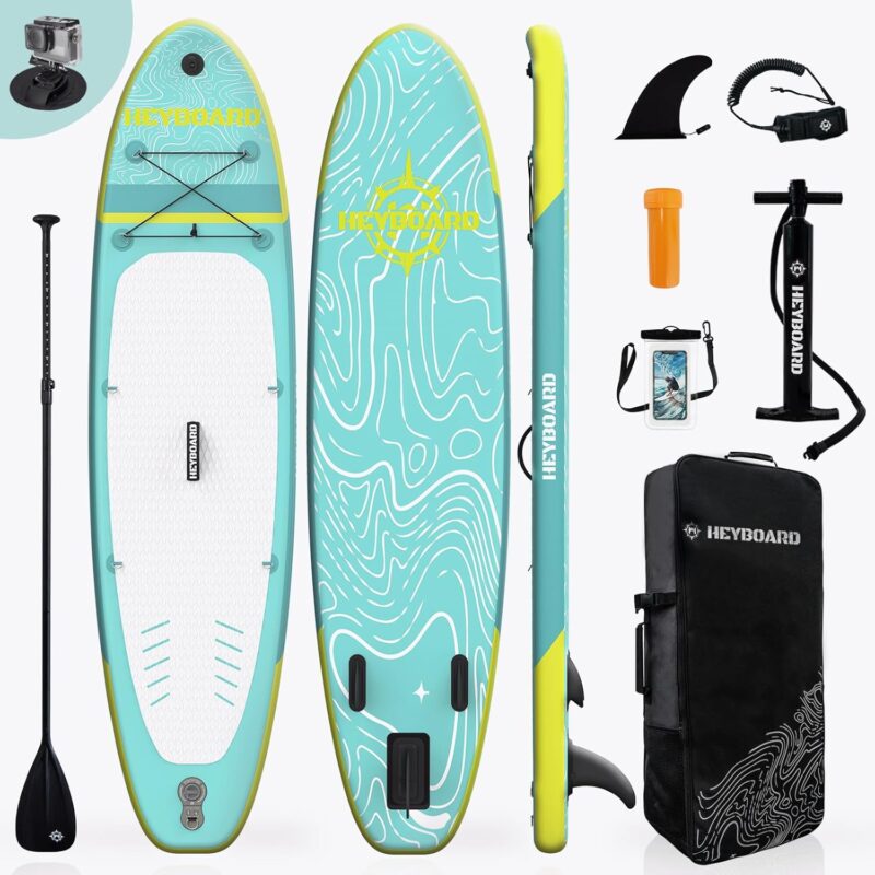 HEYBOARD Premium Aufblasbares SUP Board, 320x81x15 cm, 200 kg, Langlebiges Stand Up Paddle Board für 2 Personen, mit Rucksack, Verstellbarem Paddel, Handpumpe, Leine, Abnehmbarer Flosse