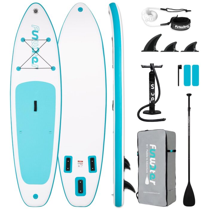 FunWater 320CM Aufblasbares Stand Up Paddle Board, Ultra-Leicht – SUP-Zubehör: Verstellbares Paddel, Pumpe, Rucksack, Leash, Finnen – Für alle Könnerstufen
