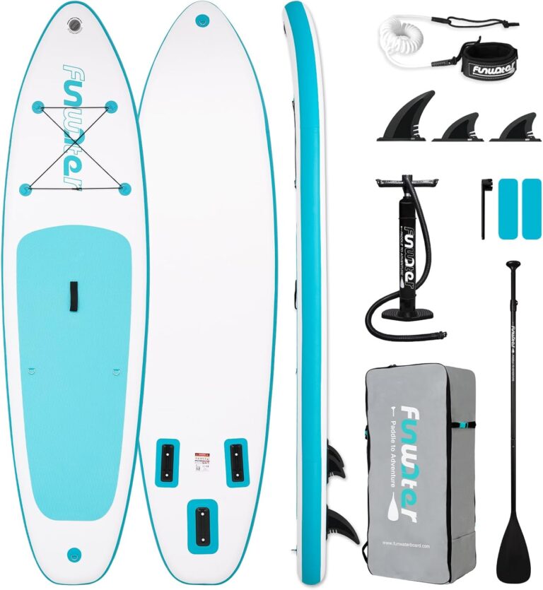 FunWater 320CM Aufblasbares Stand Up Paddle Board, Ultra-Leicht – SUP-Zubehör: Verstellbares Paddel, Pumpe, Rucksack, Leash, Finnen – Für alle Könnerstufen