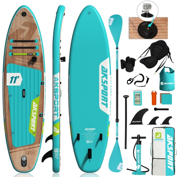 AKSPORT Aufblasbares Stand Up Paddle Board, Aufblasbare SUP Board mit allem Zubehör, breites stabiles Design, rutschfestes Deck, Paddling Board für Jugendliche und Erwachsene