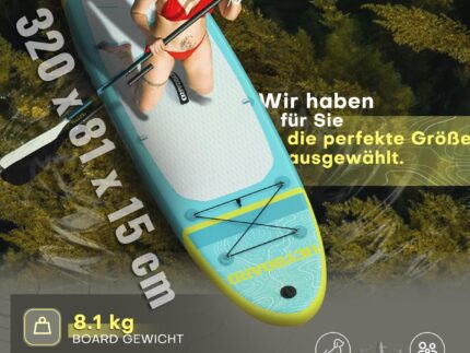 HEYBOARD Premium Aufblasbares SUP Board, 320x81x15 cm, 200 kg, Langlebiges Stand Up Paddle Board für 2 Personen, mit Rucksack, Verstellbarem Paddel, Handpumpe, Leine, Abnehmbarer Flosse