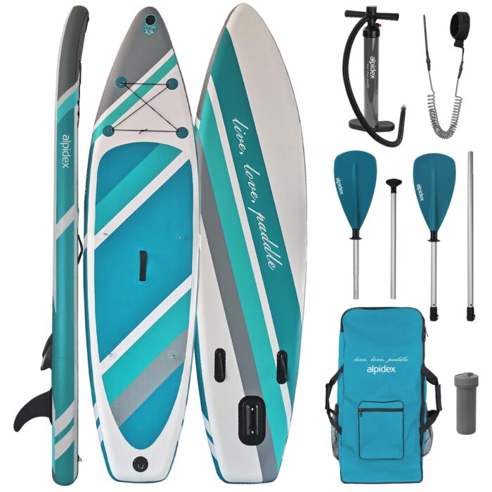 ALPIDEX Stand Up Paddle Set SUP 320 x 76 x 15 cm max. belastbar bis 200 kg Aufblasbar Stabil Leicht Komplett Set Tragetasche Paddel Finnen Luftpumpe Leash Repair Kit