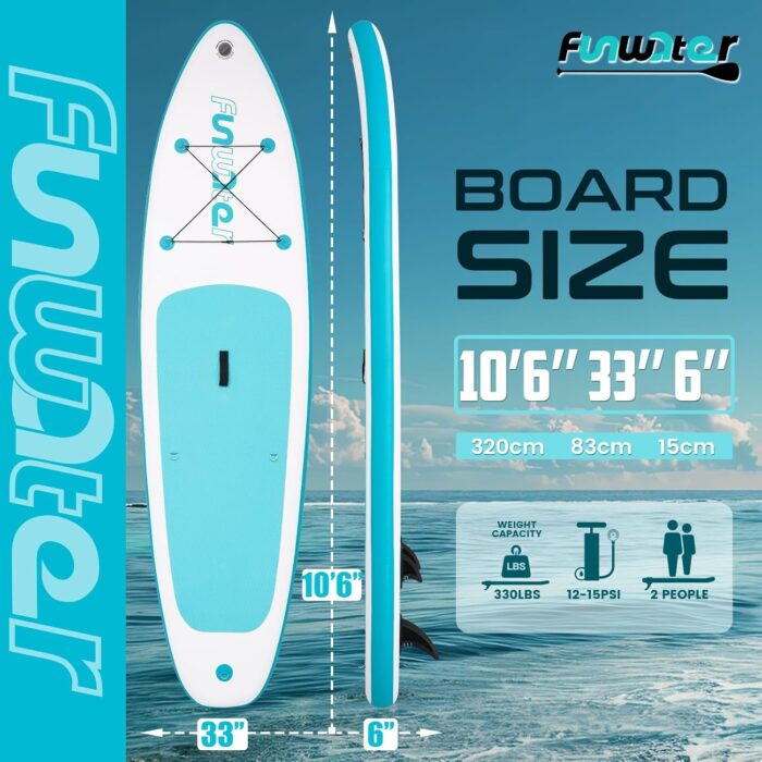FunWater 320CM Aufblasbares Stand Up Paddle Board, Ultra-Leicht – SUP-Zubehör: Verstellbares Paddel, Pumpe, Rucksack, Leash, Finnen – Für alle Könnerstufen