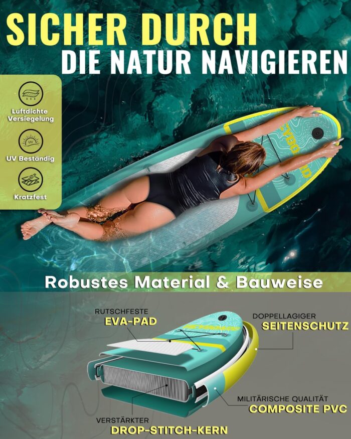 HEYBOARD Premium Aufblasbares SUP Board, 320x81x15 cm, 200 kg, Langlebiges Stand Up Paddle Board für 2 Personen, mit Rucksack, Verstellbarem Paddel, Handpumpe, Leine, Abnehmbarer Flosse