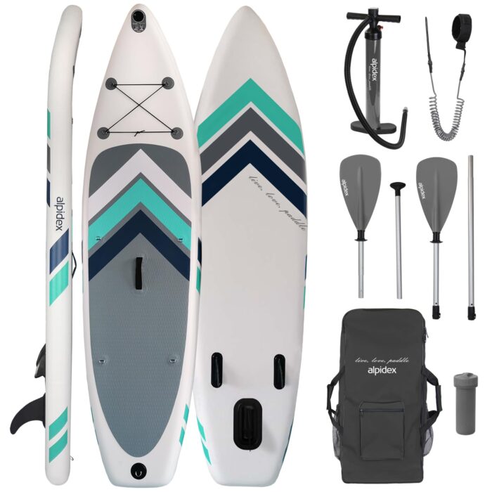 ALPIDEX Stand Up Paddle Set SUP 305 x 76 x 15 cm Belastbar bis 150 kg Aufblasbar Stabil Leicht Komplett Set Tragetasche Paddel Finnen Luftpumpe Leash Repair Kit
