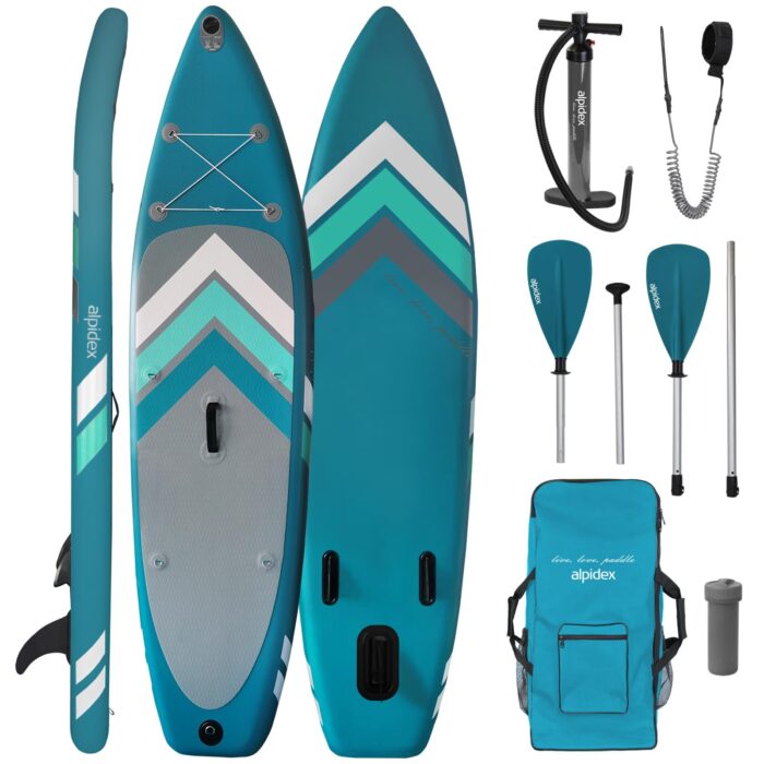ALPIDEX Stand Up Paddle Set SUP 305 x 76 x 15 cm Belastbar bis 150 kg Aufblasbar Stabil Leicht Komplett Set Tragetasche Paddel Finnen Luftpumpe Leash Repair Kit