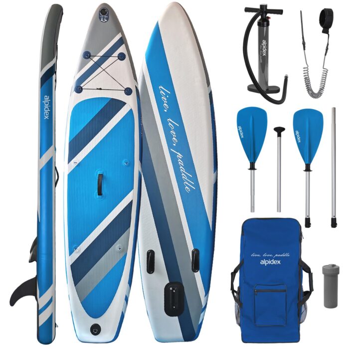 ALPIDEX Stand Up Paddle Set SUP 320 x 76 x 15 cm max. belastbar bis 200 kg Aufblasbar Stabil Leicht Komplett Set Tragetasche Paddel Finnen Luftpumpe Leash Repair Kit