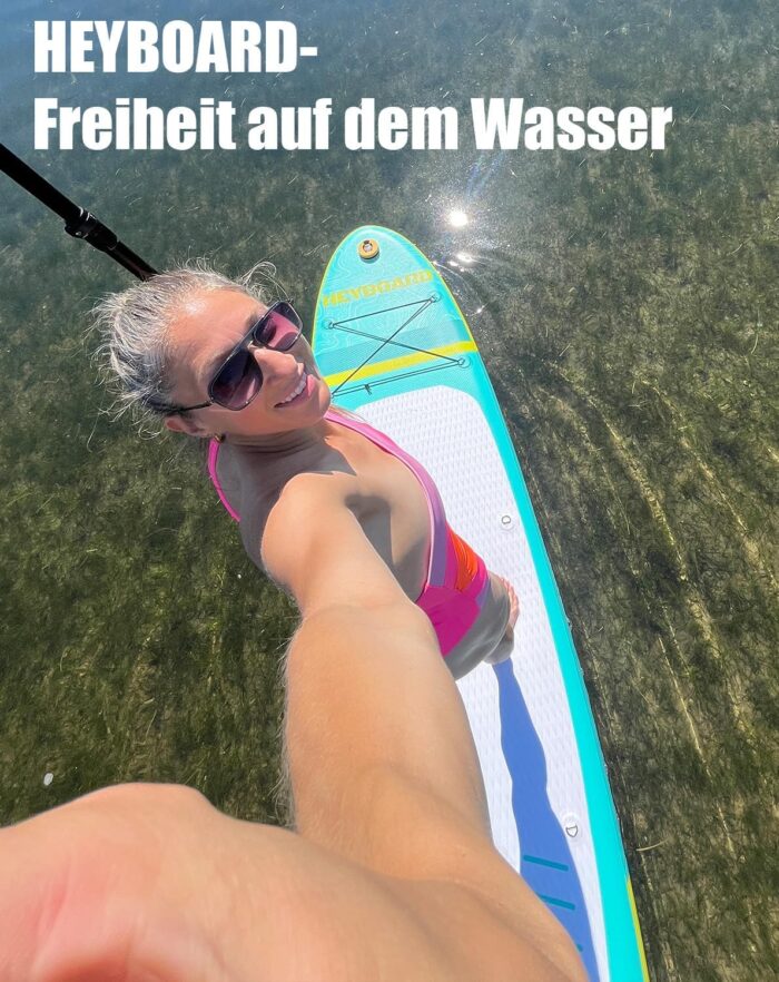 HEYBOARD Premium Aufblasbares SUP Board, 320x81x15 cm, 200 kg, Langlebiges Stand Up Paddle Board für 2 Personen, mit Rucksack, Verstellbarem Paddel, Handpumpe, Leine, Abnehmbarer Flosse