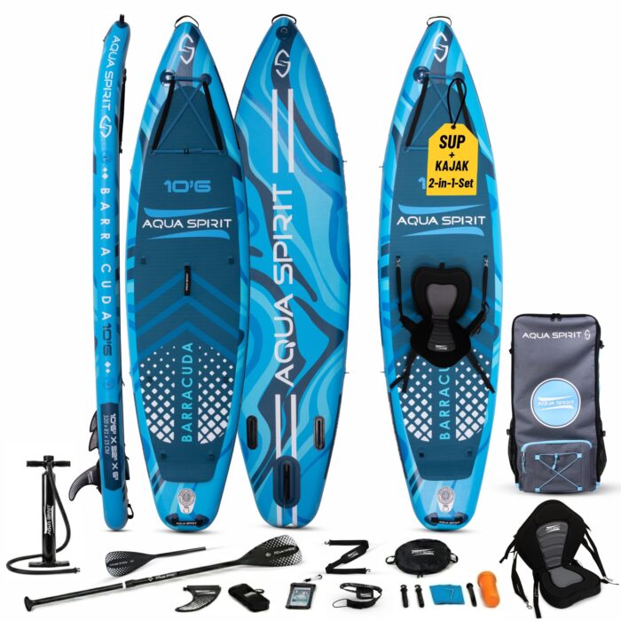 Aqua Spirit Sup Board mit Sitz | Kajak Aufblasbar Barracuda Stand Up Paddling Board 320x81x15cm Für Standup Paddle Board bis 150KG mit Sup Sitz, Doppelpaddel, Pumpe, Tasche & Zubehör Sup Set