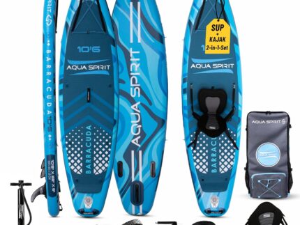 Aqua Spirit Sup Board mit Sitz | Kajak Aufblasbar Barracuda Stand Up Paddling Board 320x81x15cm Für Standup Paddle Board bis 150KG mit Sup Sitz, Doppelpaddel, Pumpe, Tasche & Zubehör Sup Set