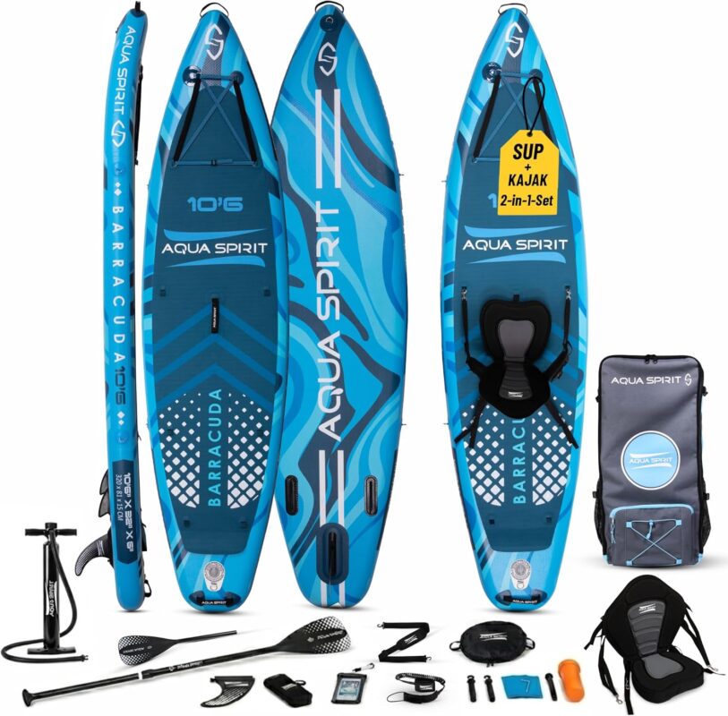 Aqua Spirit Sup Board mit Sitz | Kajak Aufblasbar Barracuda Stand Up Paddling Board 320x81x15cm Für Standup Paddle Board bis 150KG mit Sup Sitz, Doppelpaddel, Pumpe, Tasche & Zubehör Sup Set