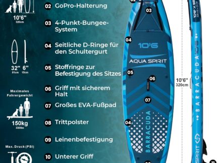 Aqua Spirit Sup Board mit Sitz | Kajak Aufblasbar Barracuda Stand Up Paddling Board 320x81x15cm Für Standup Paddle Board bis 150KG mit Sup Sitz, Doppelpaddel, Pumpe, Tasche & Zubehör Sup Set
