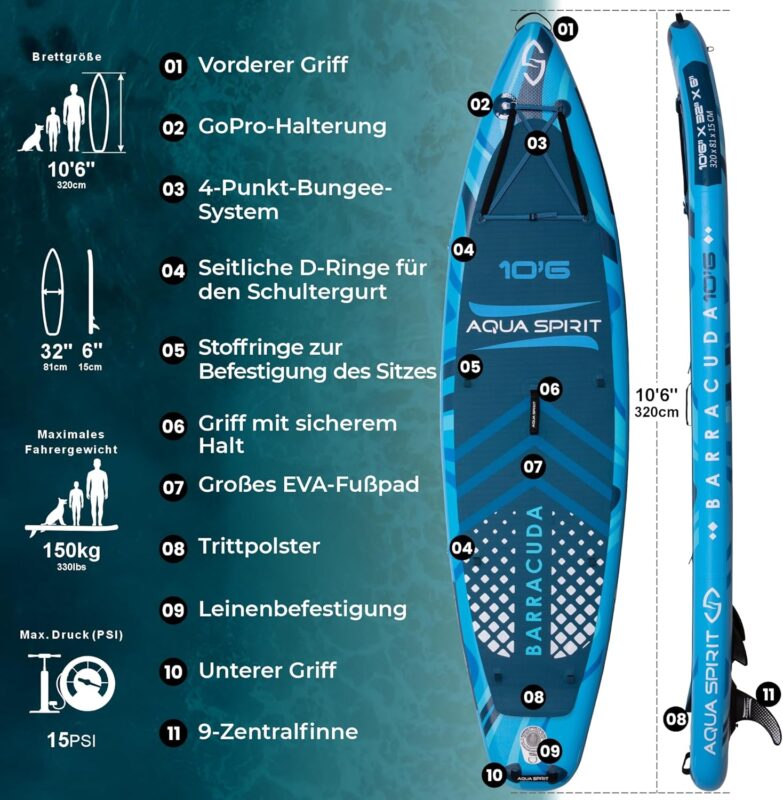 Aqua Spirit Sup Board mit Sitz | Kajak Aufblasbar Barracuda Stand Up Paddling Board 320x81x15cm Für Standup Paddle Board bis 150KG mit Sup Sitz, Doppelpaddel, Pumpe, Tasche & Zubehör Sup Set