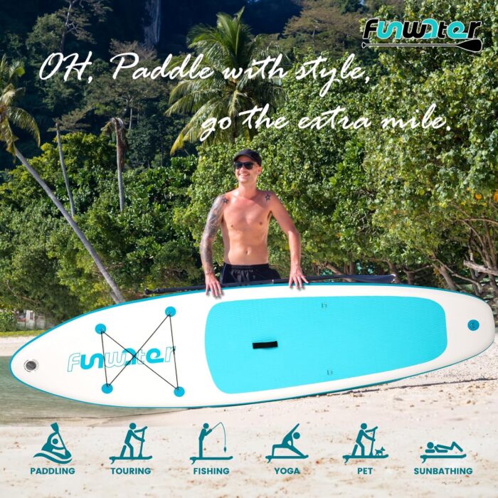 FunWater 320CM Aufblasbares Stand Up Paddle Board, Ultra-Leicht – SUP-Zubehör: Verstellbares Paddel, Pumpe, Rucksack, Leash, Finnen – Für alle Könnerstufen