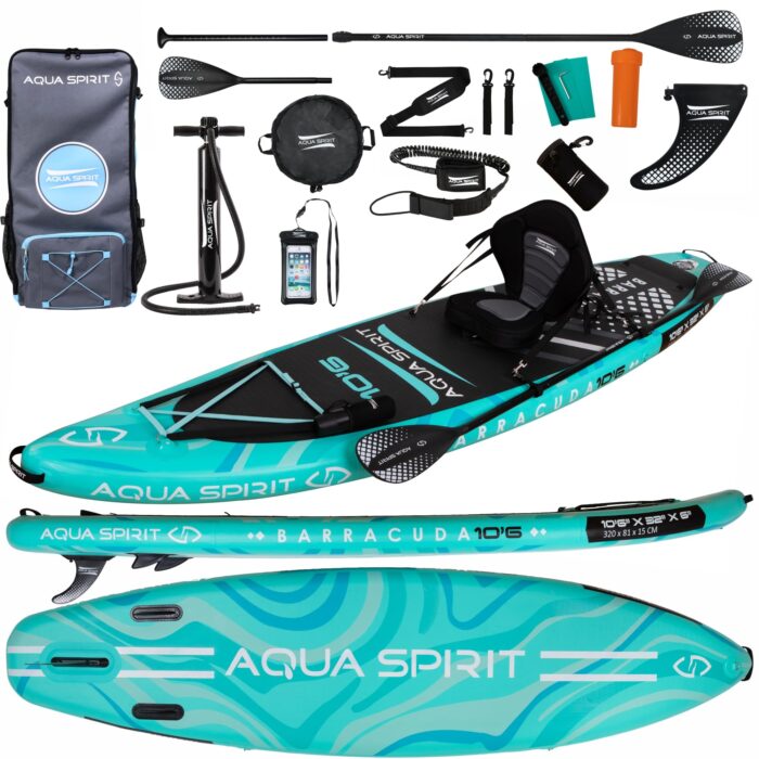Aqua Spirit Sup Board mit Sitz | Kajak Aufblasbar Barracuda Stand Up Paddling Board 320x81x15cm Für Standup Paddle Board bis 150KG mit Sup Sitz, Doppelpaddel, Pumpe, Tasche & Zubehör Sup Set