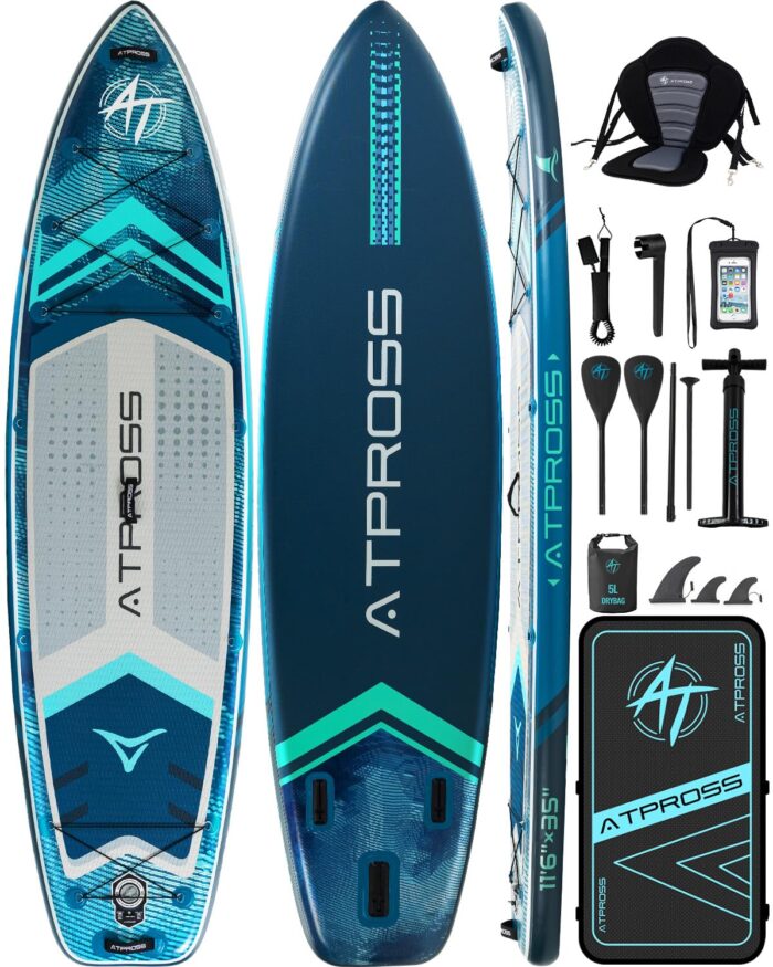 11'6"x35"Inflatable Paddle Board, (SUP) für Erwachsene mit 450 lbs Tragfähigkeit extra breiter Rutschfester und Stabiler Plattform,Kajak Sitz Premium Accessoires Rucksack,geeignet für Yoga