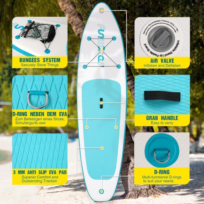FunWater 320CM Aufblasbares Stand Up Paddle Board, Ultra-Leicht – SUP-Zubehör: Verstellbares Paddel, Pumpe, Rucksack, Leash, Finnen – Für alle Könnerstufen