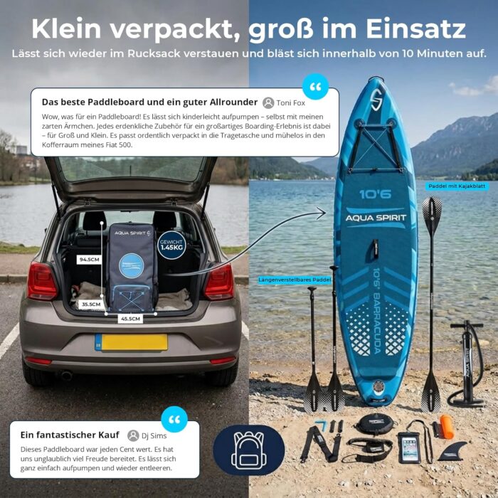 Aqua Spirit Sup Board mit Sitz | Kajak Aufblasbar Barracuda Stand Up Paddling Board 320x81x15cm Für Standup Paddle Board bis 150KG mit Sup Sitz, Doppelpaddel, Pumpe, Tasche & Zubehör Sup Set
