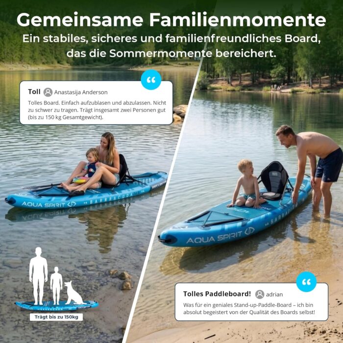 Aqua Spirit Sup Board mit Sitz | Kajak Aufblasbar Barracuda Stand Up Paddling Board 320x81x15cm Für Standup Paddle Board bis 150KG mit Sup Sitz, Doppelpaddel, Pumpe, Tasche & Zubehör Sup Set