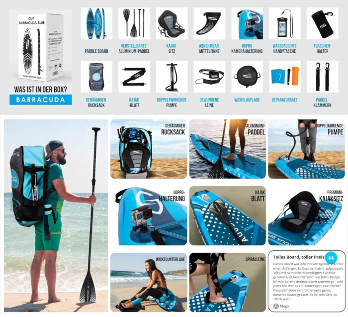 Aqua Spirit Sup Board mit Sitz | Kajak Aufblasbar Barracuda Stand Up Paddling Board 320x81x15cm Für Standup Paddle Board bis 150KG mit Sup Sitz, Doppelpaddel, Pumpe, Tasche & Zubehör Sup Set