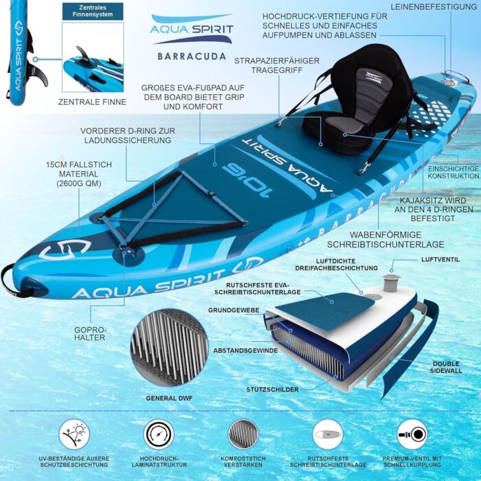 Aqua Spirit Sup Board mit Sitz | Kajak Aufblasbar Barracuda Stand Up Paddling Board 320x81x15cm Für Standup Paddle Board bis 150KG mit Sup Sitz, Doppelpaddel, Pumpe, Tasche & Zubehör Sup Set